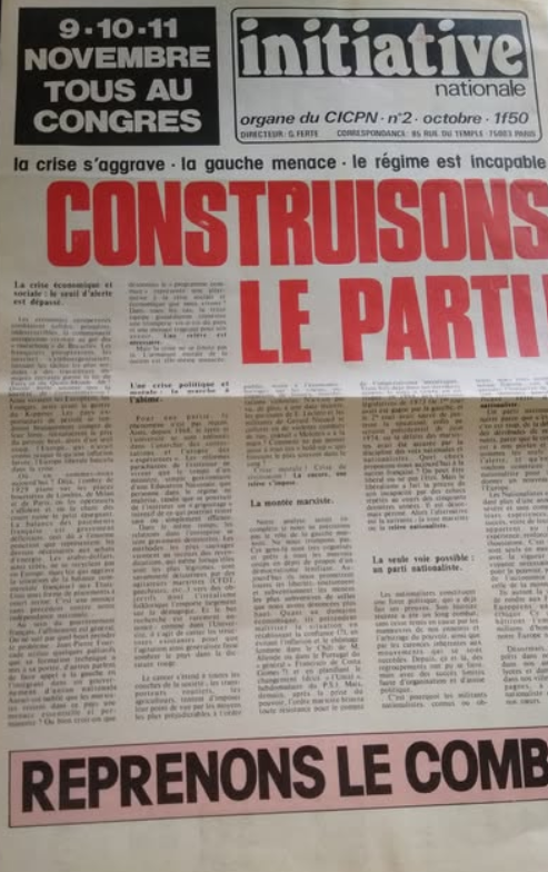 Le journal Initiative nationale appelant au congrès de constitution du futur Parti des forces nouvelles