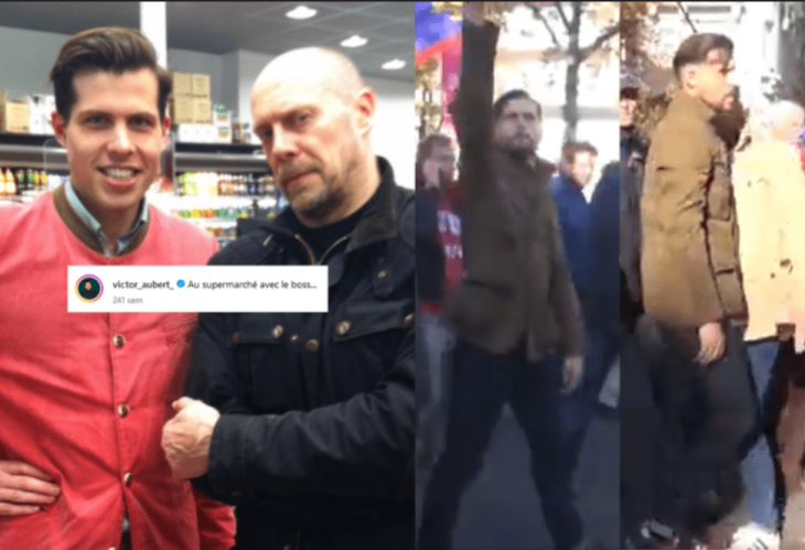 1. Victor Aubert et Soral. 2. Victor Aubert à une Manif pour tous de 2016, où il réalise un salut nazi en direction de contre-manifestants. Un « salut romain », dira-t-il.
